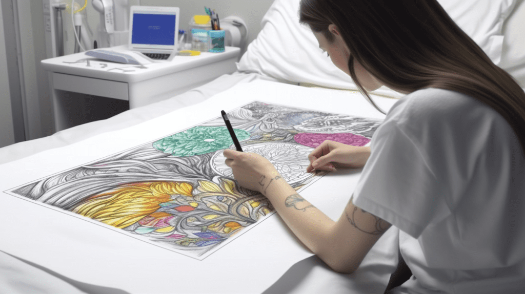 Patient in hospital bed coloring a coloring book