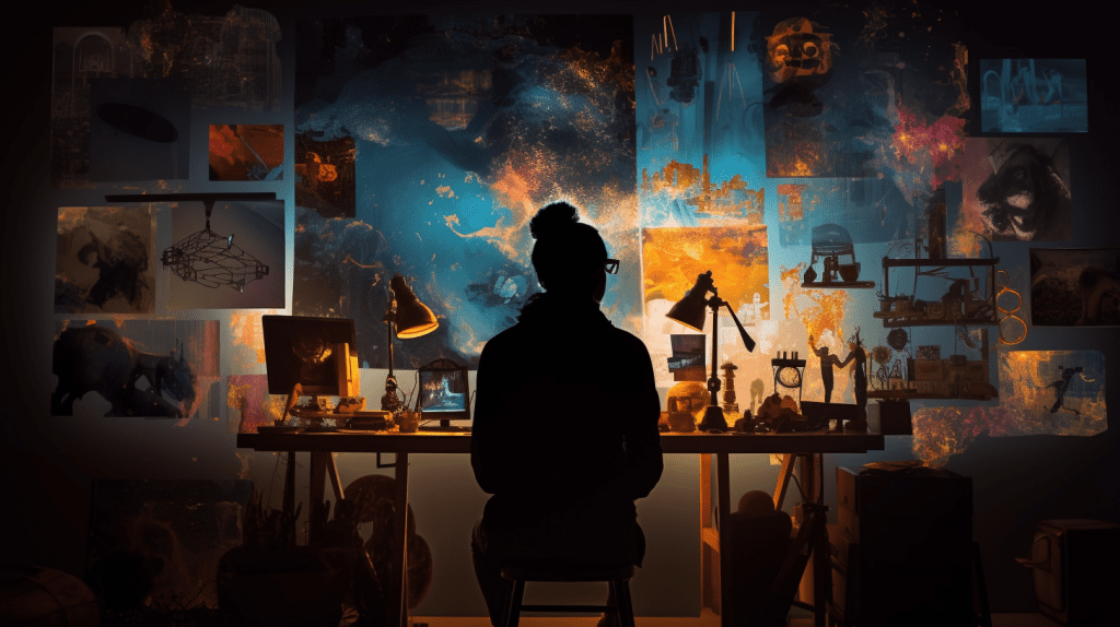 Silhouette of a creative person surrounded by different artworks